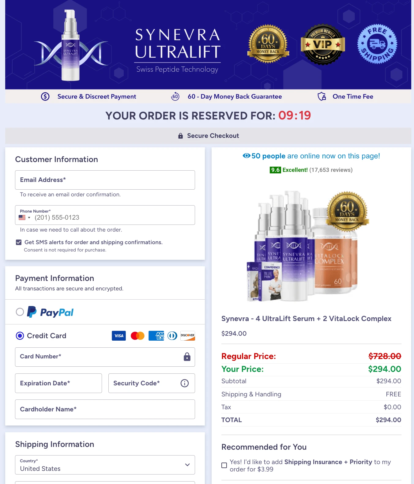 Synevra UltraLift check out page